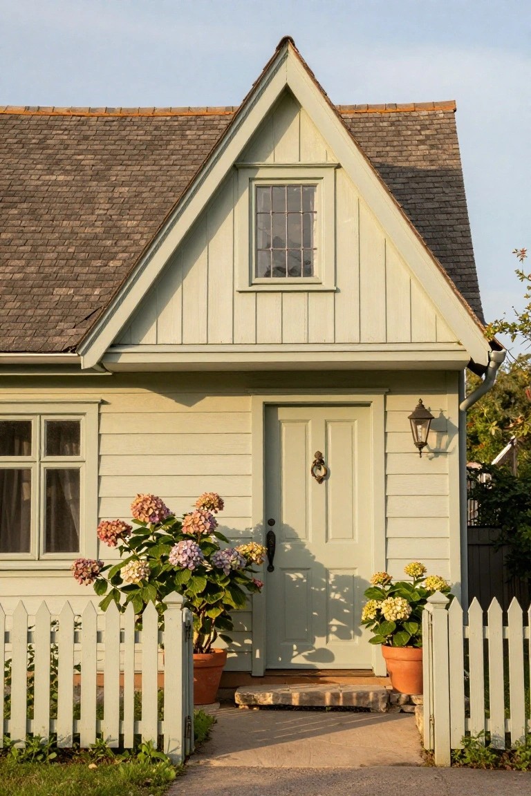 Charming light-green cottage with gabled roof, white picket fence, and pink hydrangeas.
