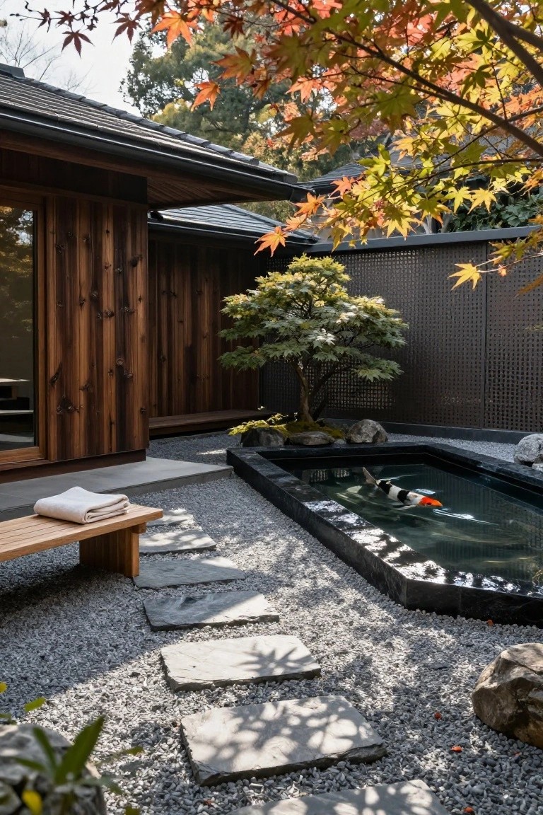 Corner of a modern wooden house exterior next to a rectangular black koi pond with one white, black, and orange koi fish swimming, surrounded by white gravel, irregular stepping stones, a wooden bench with white towel, bonsai tree, mossy rocks, and perforated metal fence with autumn maple branches overhead.