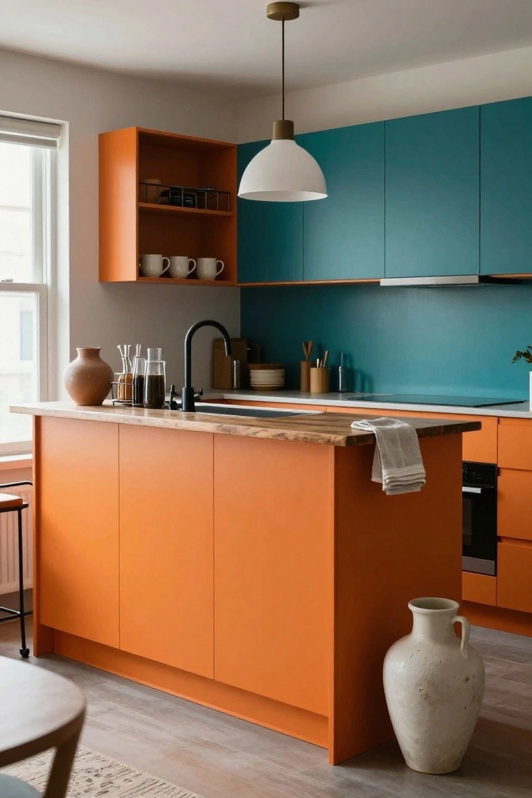Compact modern kitchen with orange upper cabinets, teal side panels and bar counter, light wood countertops, open metal shelves displaying mugs and ceramics, black faucet over white sink, beige vase on counter, and black metal stool at bar end.