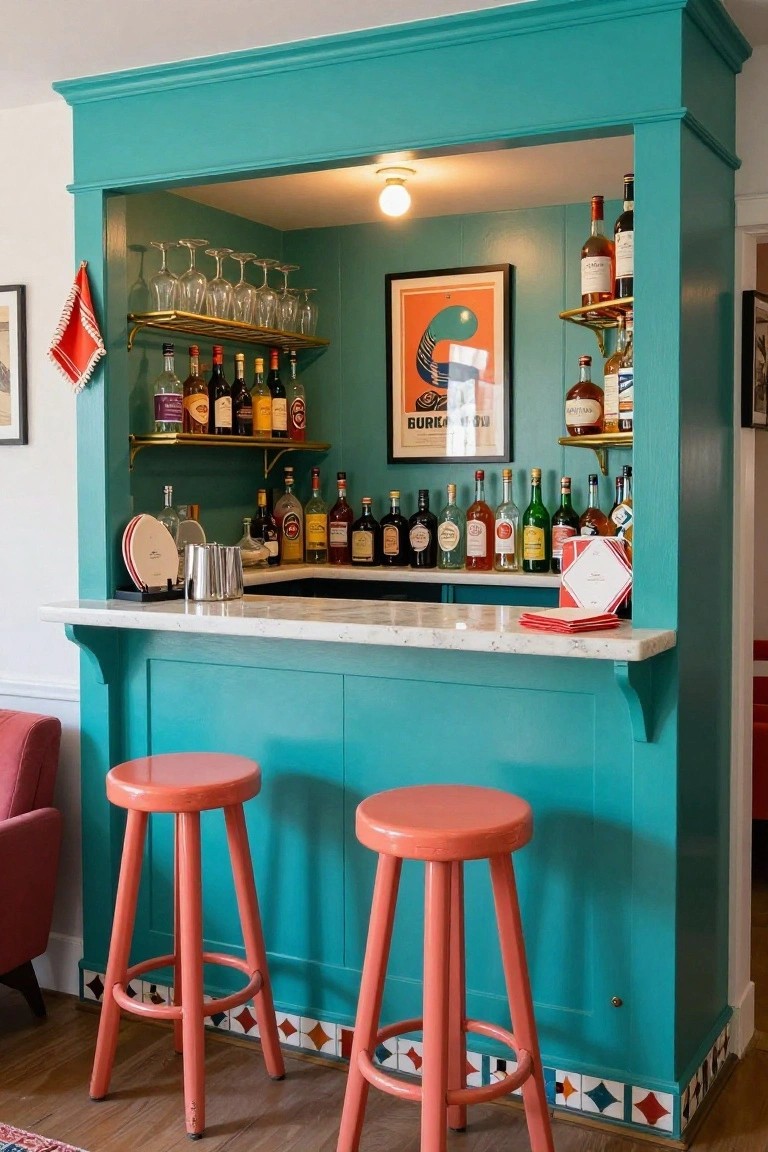 Turquoise built-in bar cabinetry with marble countertop, orange stools, gold shelving stocked with liquor bottles and glasses, and wall art in a home interior.