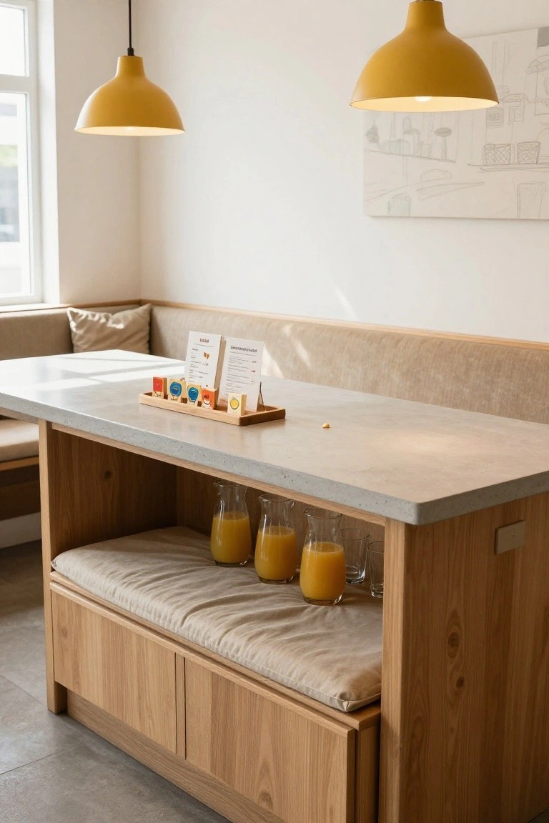 Wooden built-in booth with beige cushions and concrete-topped table in a light-filled interior, yellow pendant lights overhead, orange juice glasses stored underneath, and colorful menu clips on the table.
