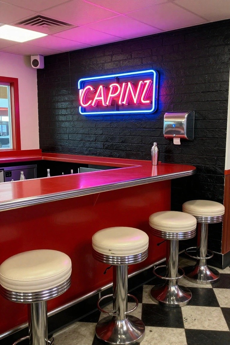 Indoor bar with red countertop, four white leather swivel stools on chrome bases, neon "CAPINPINZ" sign on black brick wall, metal towel dispenser, and checkered tile floor.