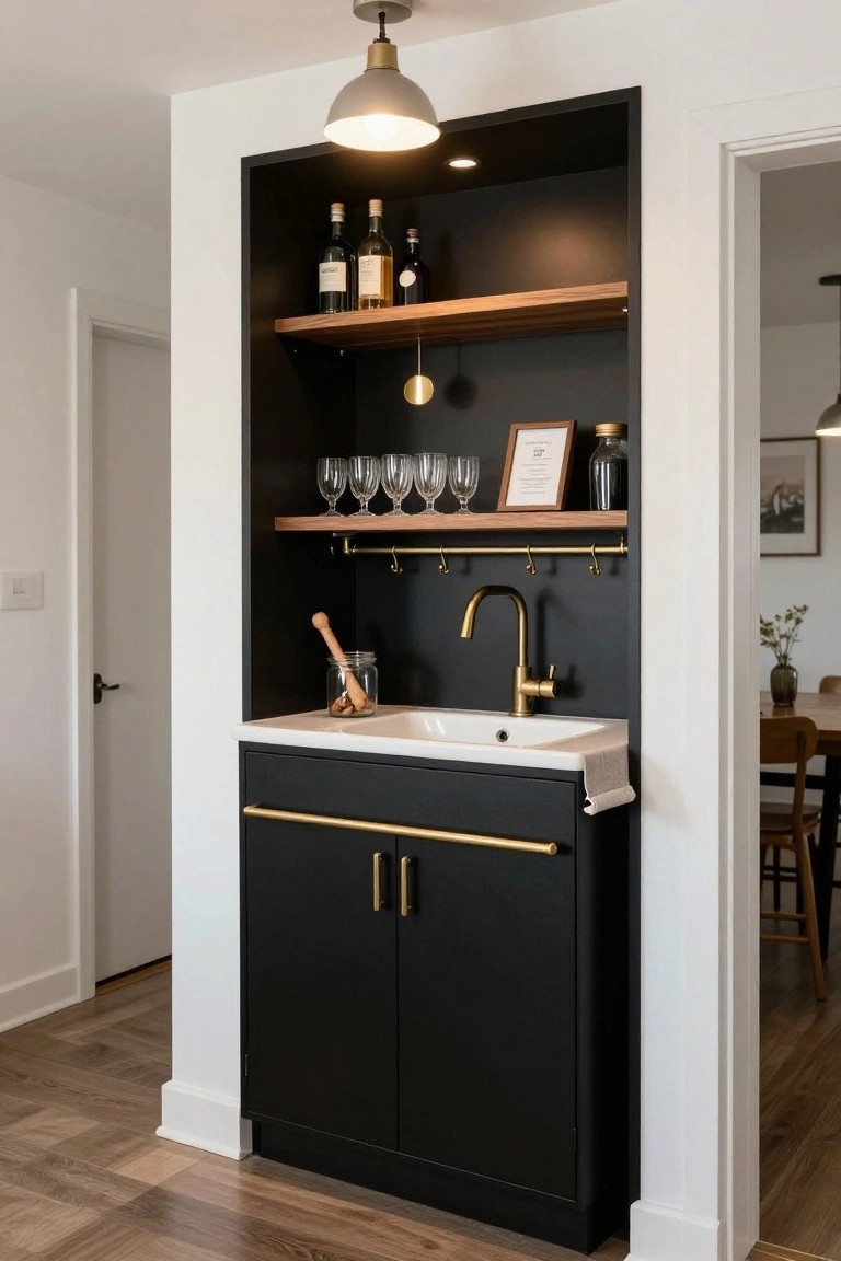 Built-in matte black wet bar cabinet with wood shelves displaying wine bottles and glasses, brass faucet and sink, gold pulls on doors, and a pendant light above in a white interior space.