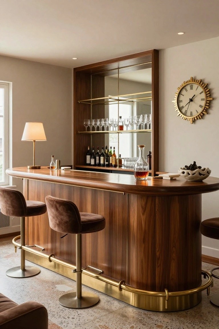 Curved walnut wood bar counter with brass footrail and four velvet-upholstered swivel stools, flanked by mirrored shelving with glassware and bottles, a table lamp, and a gold sunburst clock on the wall in a light interior space.
