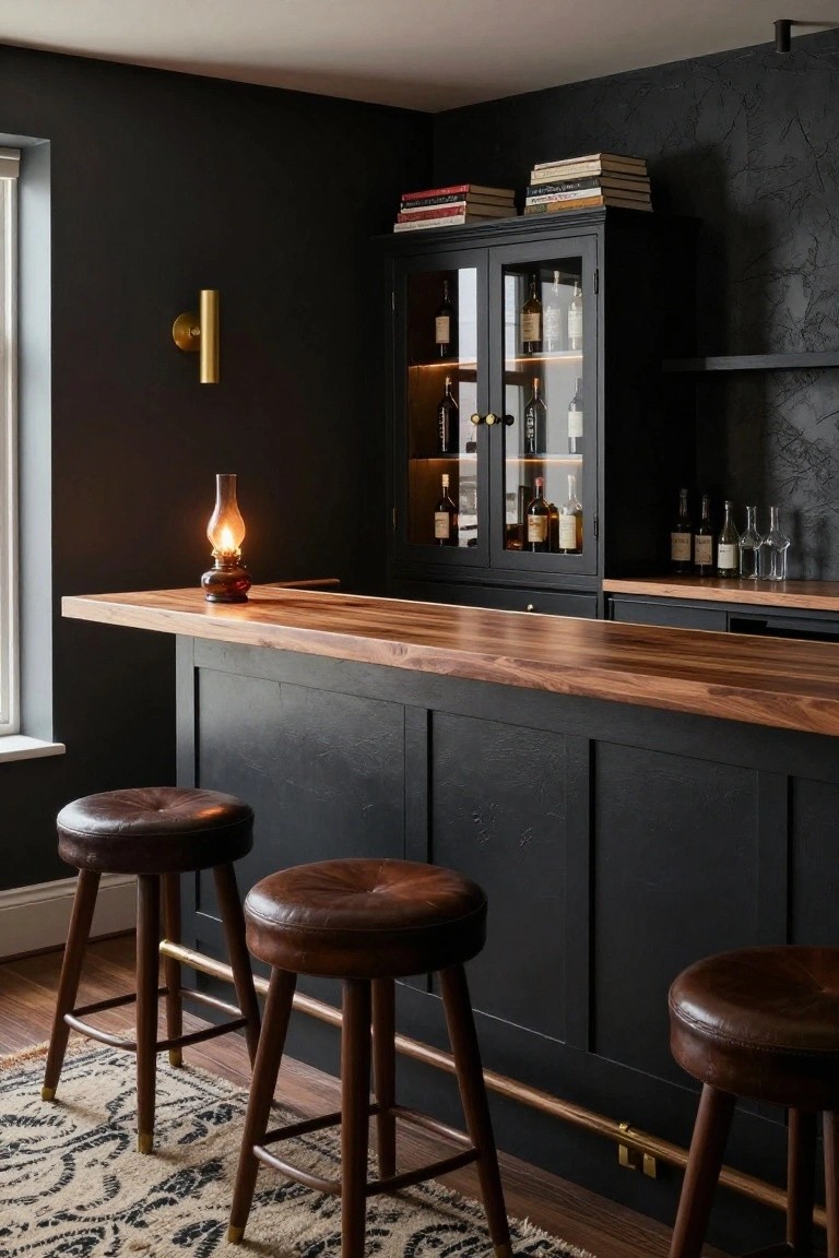 Home bar area with black paneled lower cabinets, glass-fronted upper cabinets displaying liquor bottles, overhanging walnut wood countertop, three leather-cushioned wood bar stools, and an oil lamp on the bar.