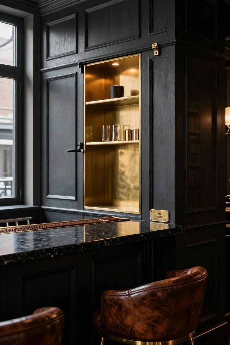 Black wood paneled wall with open cabinet door revealing gold interior shelves lit from above and holding glassware and metal containers, next to a granite bar countertop with leather bar stools.