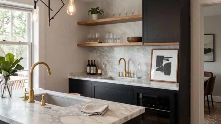 23 Bold Modern Bar Design Ideas To Refresh Your Space Modern home bar area with matte black lower cabinets, white marble island countertop, brass faucet and handles, integrated wine cooler, wood open shelves displaying glassware and bottles, two black leather bar stools, and black pendant lights.