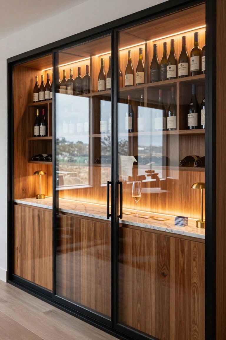 Tall wooden cabinet with black metal frames and glass sliding doors displaying numerous wine bottles on backlit shelves, a marble countertop below holding a wine glass and gold lamps, viewed from inside a room with a wooden floor.