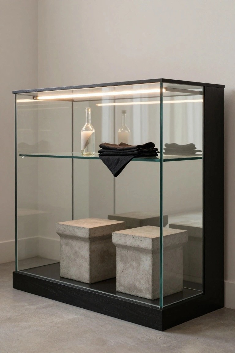 Tall rectangular glass display cabinet with black frame and top LED lighting, containing two glass bottles with white paper, folded black cloths on middle shelf, and two square concrete blocks on bottom shelf, against white wall on concrete floor.