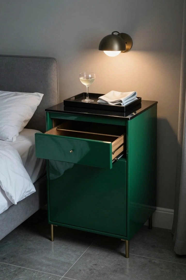 Green lacquered bedside table with open wooden drawer next to a gray upholstered bed, black top holding a tray with white wine glass and napkin, brass wall lamp above.