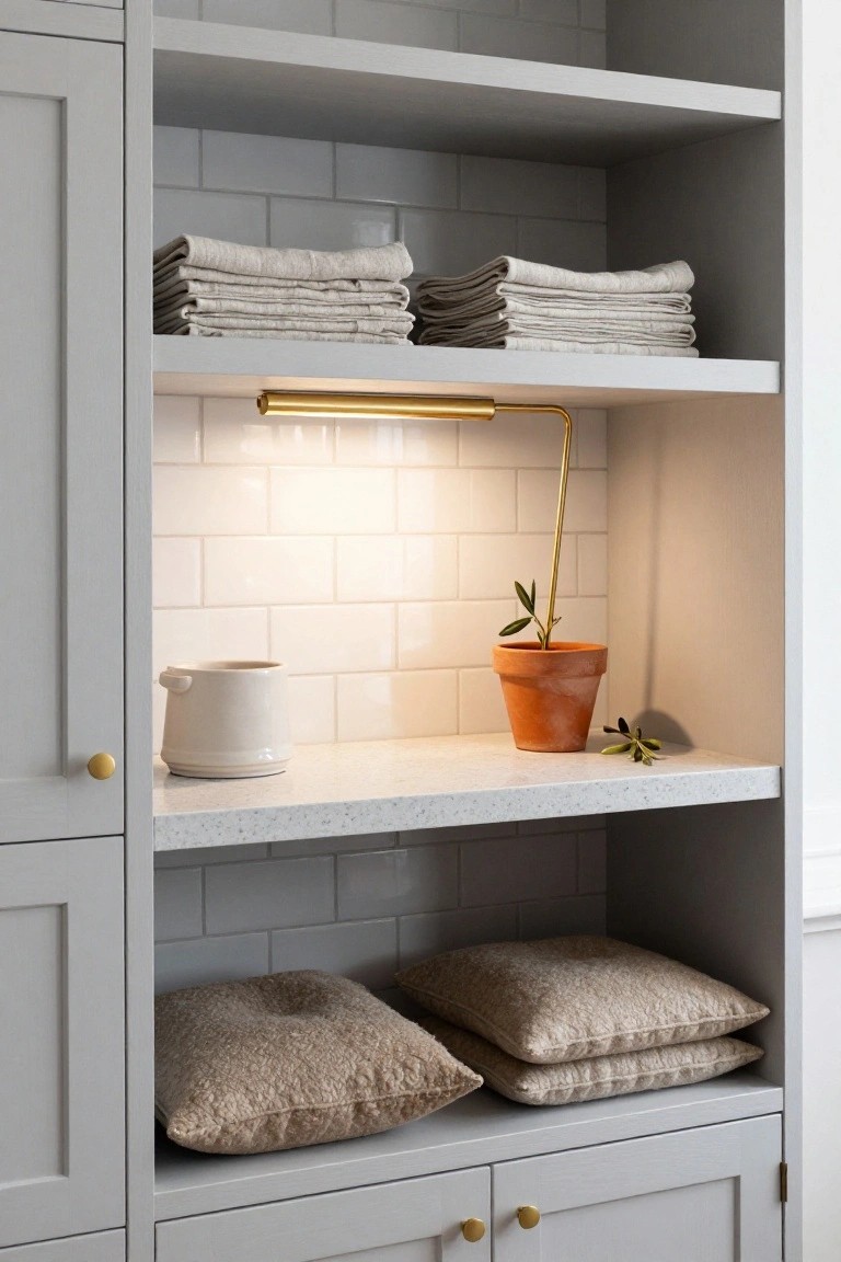 Open shelving with folded linens, terracotta plant, brass light, and beige pillows.
