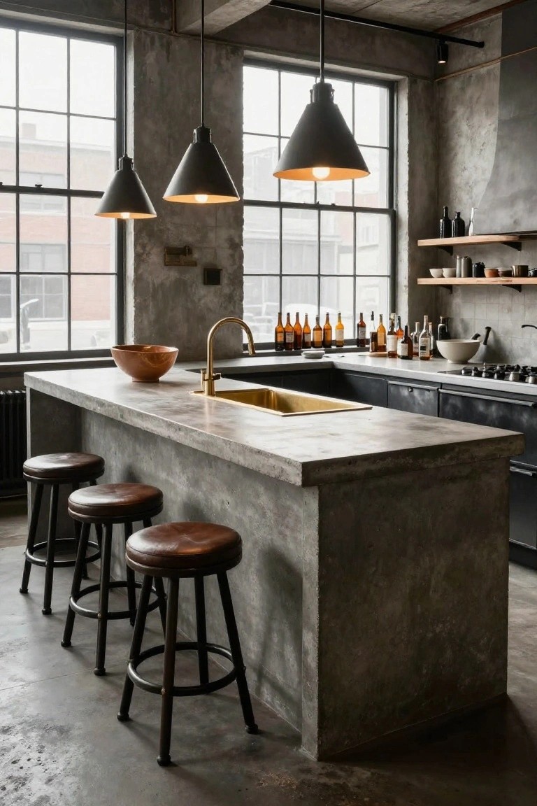 Industrial kitchen with large gray concrete island bar, four brown leather swivel stools with black legs, gold faucet and sink, three black cone pendant lights, black cabinets, large windows, and exposed concrete walls.