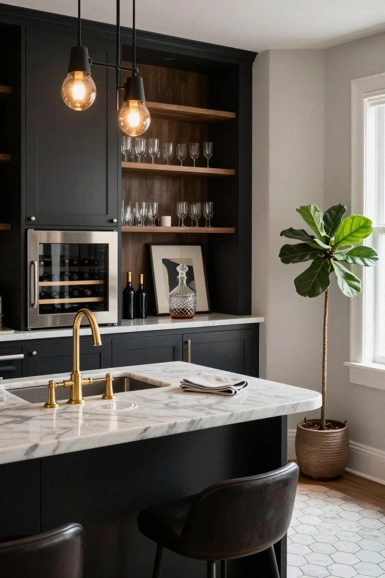Modern home bar area with matte black lower cabinets, white marble island countertop, brass faucet and handles, integrated wine cooler, wood open shelves displaying glassware and bottles, two black leather bar stools, and black pendant lights.