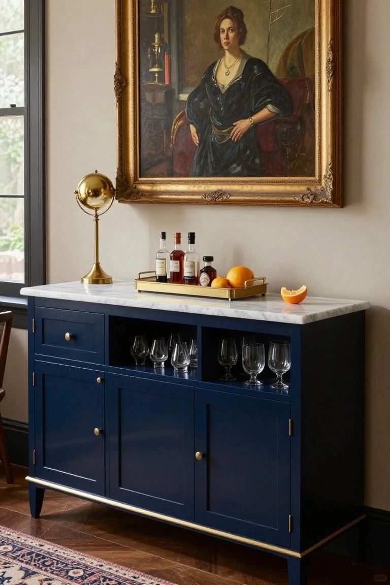 Navy blue credenza with white marble top used as bar station, holding glasses in open shelves and liquor bottles with oranges on gold tray, gold globe lamp beside it, ornate gold-framed portrait of woman in black dress on wall above, wood floor and window nearby.
