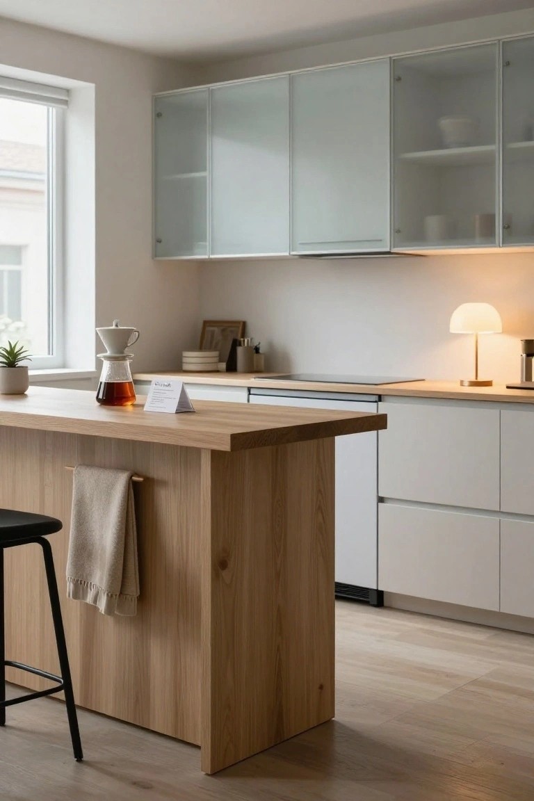 Modern kitchen with white flat-panel cabinets, glass-front uppers, light oak wood island bar holding a pour-over coffee maker and glass carafe, black metal stool, beige towel, and potted plant nearby.