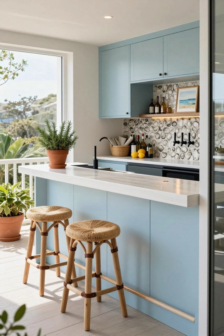 Kitchen peninsula bar with light blue cabinets, white quartz countertop, two rattan bar stools with leather accents, shell-patterned backsplash, potted plants, lemons, and wine bottles on open shelves, viewed through large windows to outdoor greenery.