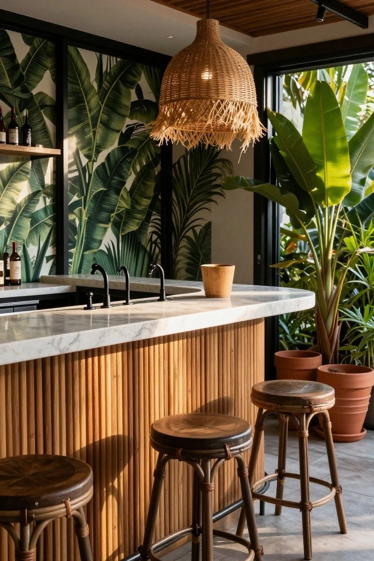 Indoor bar counter with green banana leaf wallpaper on the back wall, white marble countertop, black faucets, wooden bowl, bamboo bar front, rattan barstools, woven pendant light, and potted plants near a window.