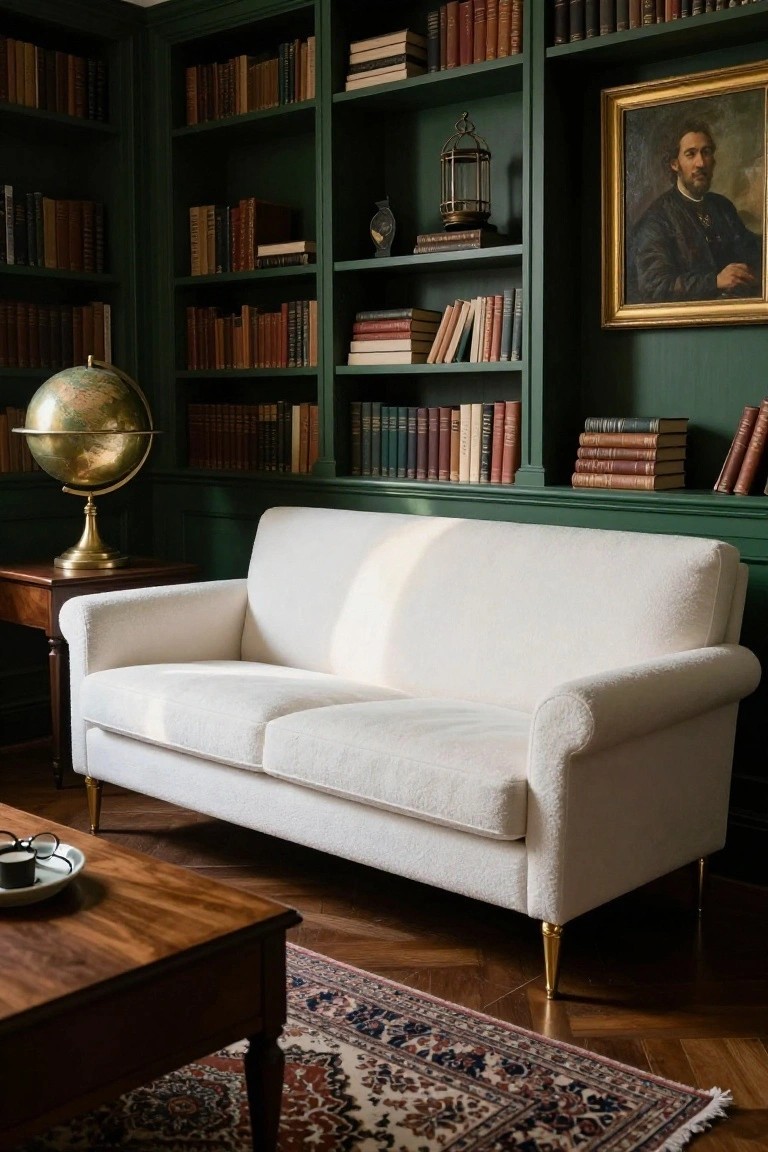 A white upholstered two-seat sofa with gold legs positioned in a green-paneled library room featuring tall bookshelves, a brass globe on a side table, a wooden coffee table, and a patterned rug on wood floors.