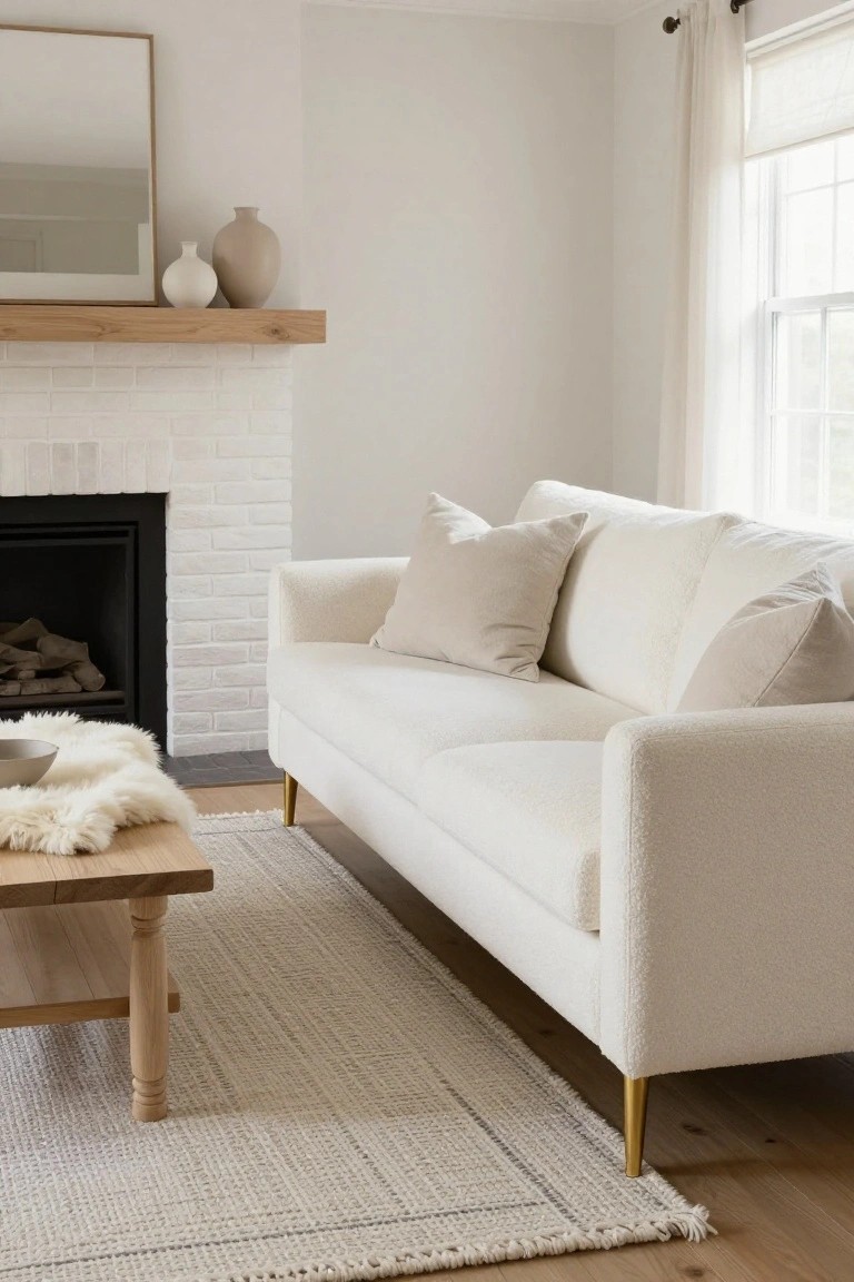 Cream bouclé sofa with gold legs in a living room with white brick fireplace, oak mantel holding two ceramic vases, wooden coffee table topped with sheepskin rug and bowl, light rug, sheer window curtains, and hardwood floor.