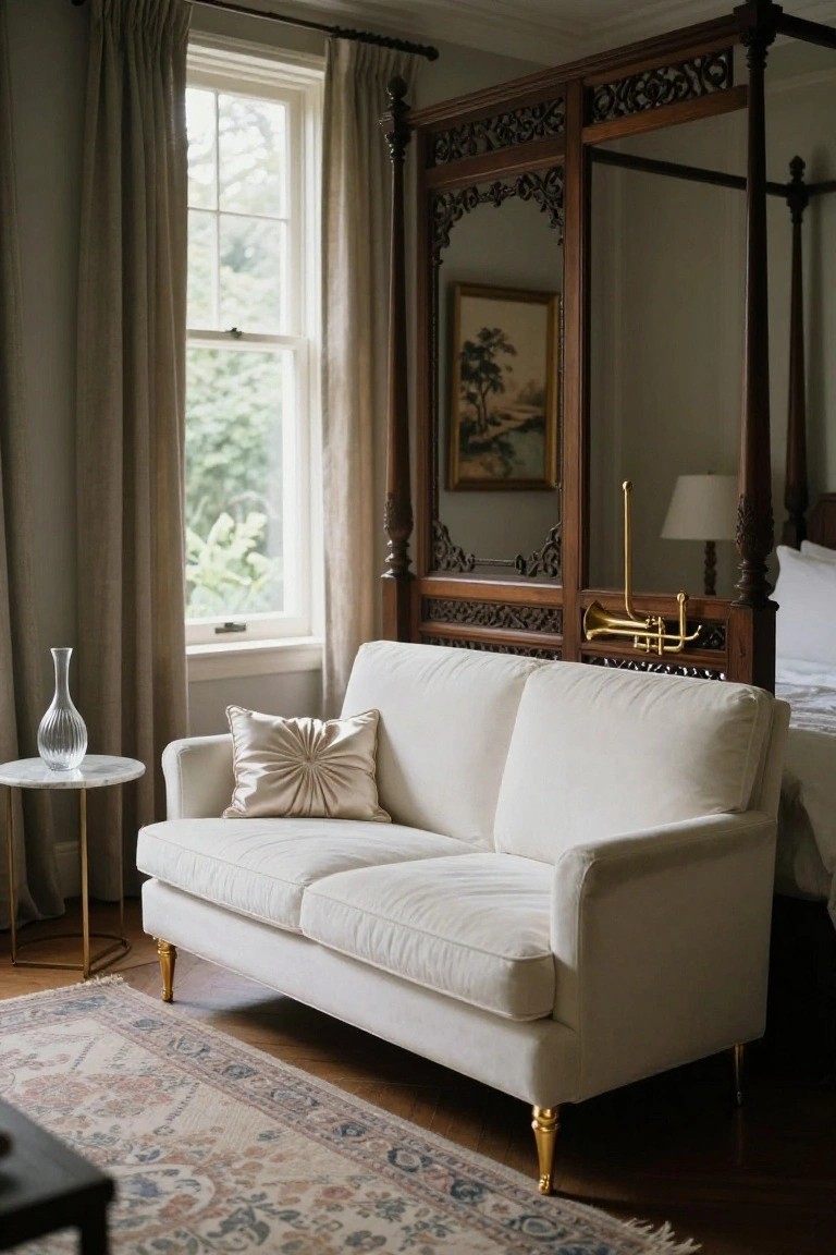 A light cream two-seat sofa with brass legs sits on a patterned rug in a bedroom next to a tall carved wooden four-poster bed with mirrors, beside a window with linen drapes and a small marble-topped table holding a glass vase.