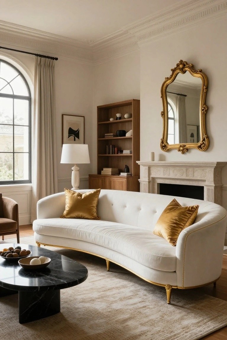 Curved White Sofa with Gold Legs