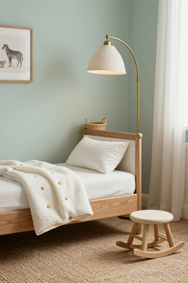 A mint green child's bedroom corner with oak toddler bed draped in white quilt with gold dots, white pillow, gold arc floor lamp, framed animal artwork, seagrass basket, cream stool, wooden rocking horse on beige seagrass rug, sheer curtains on window.