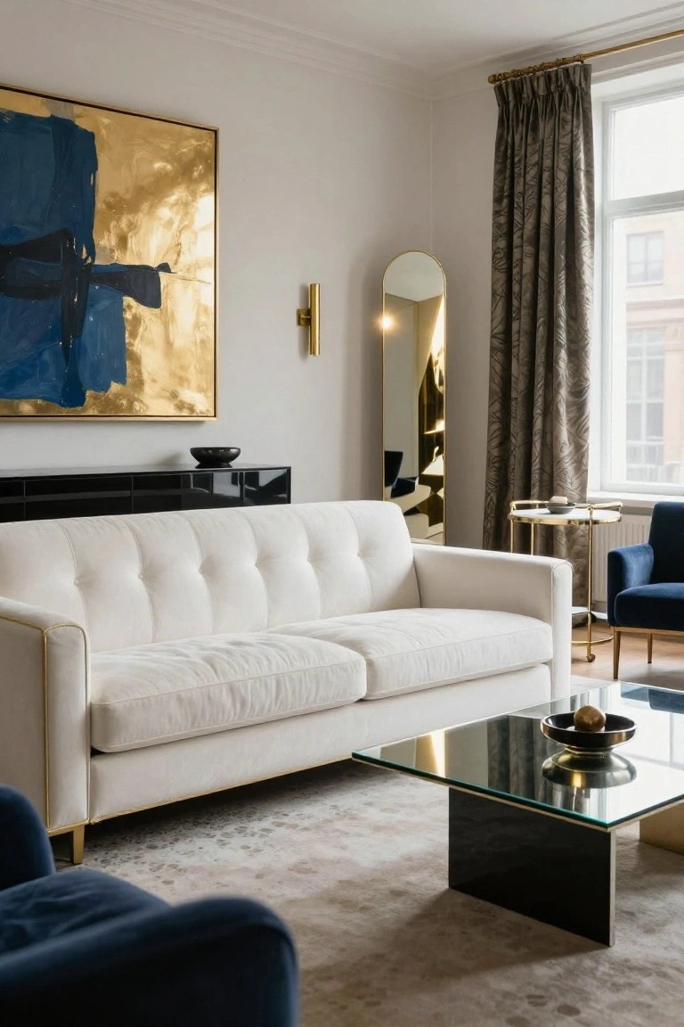 A living room with a white tufted sofa featuring gold piping on arms and gold legs, a black glass coffee table, blue velvet chairs, arched gold mirror, and large blue and gold abstract painting on light walls.