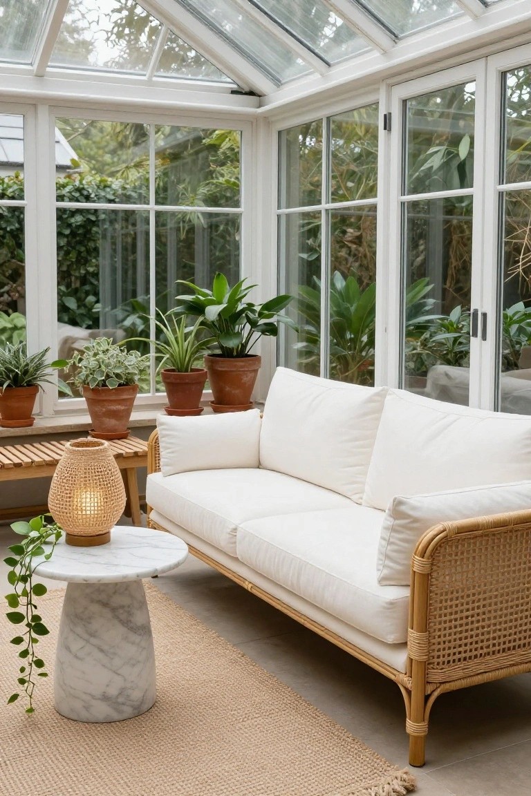 Glass conservatory interior with white rattan-framed sofa, marble pedestal side table holding a lantern lamp, potted plants, and views of greenery outside.