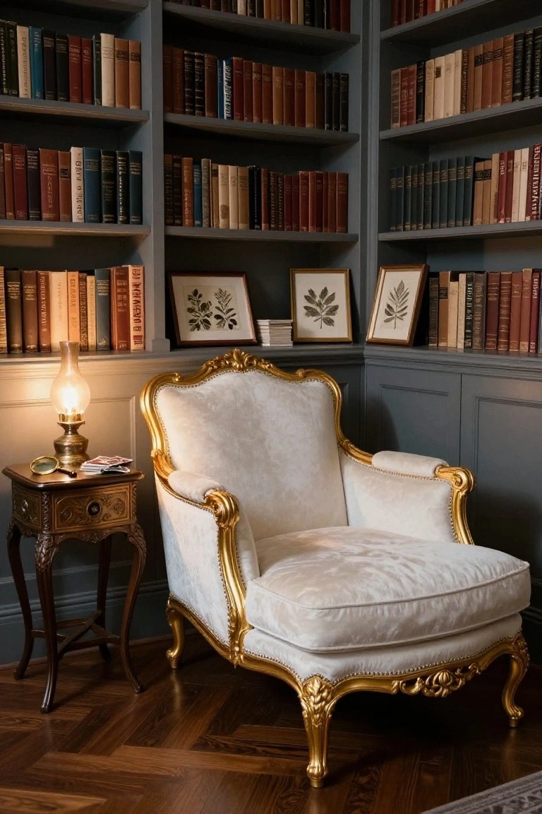 Ornate cream-colored armchair with gold rococo-style trim in a library corner surrounded by tall gray bookshelves, next to a wooden side table holding a lit oil lamp, magnifying glass, and papers on a parquet wood floor.