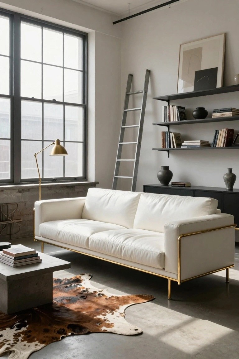 White leather sofa with gold metal frame and legs in a minimalist industrial living room with concrete floor, cowhide rug, low concrete table, black shelves, ladder, and large windows.