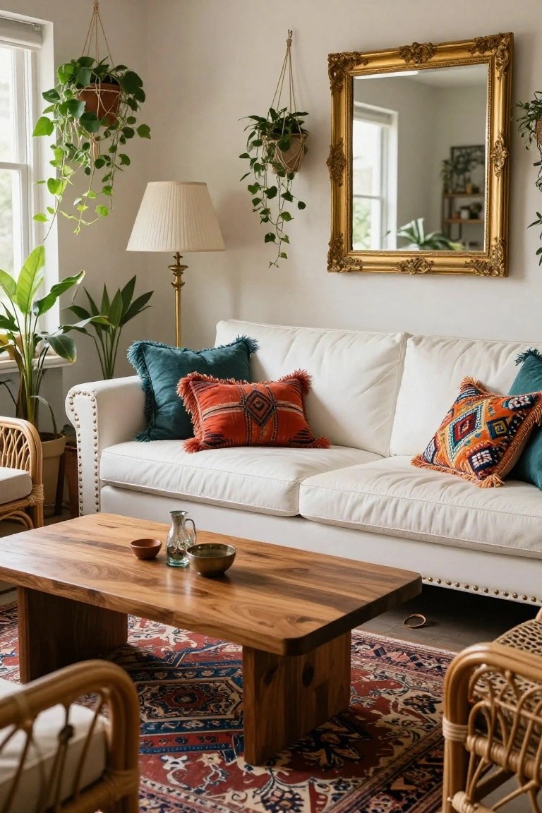 White Sofa with Bold Colorful Pillows