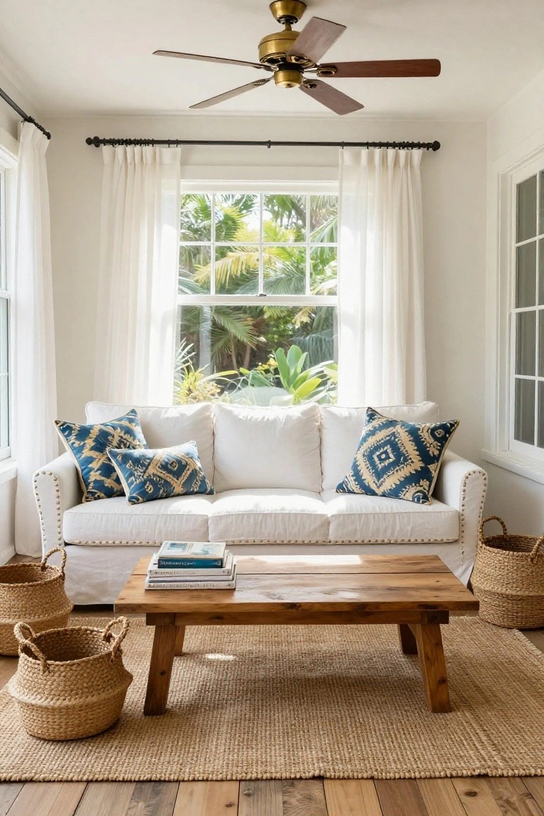 Sunlit interior room with white tufted sofa accented by navy patterned pillows, wooden coffee table, seagrass rug, wicker baskets, brass ceiling fan, sheer curtains on large windows, and view of tropical plants outside.