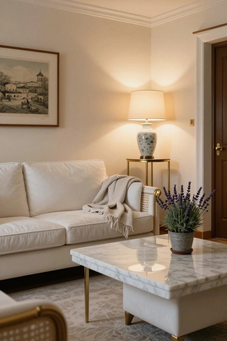 Corner of a light beige living room with white sofa draped in a light gray throw, white rattan armchair, low white marble coffee table with brass legs, porcelain lamp on brass side table, potted lavender plant, and framed artwork on the wall next to a wooden door.