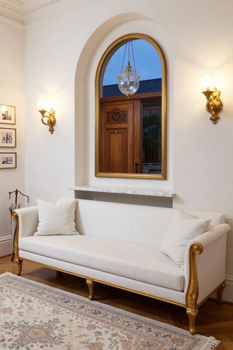 White upholstered sofa with ornate gold-gilded carved legs and arms on a patterned rug in a white room featuring an arched gold-framed mirror, wall sconces, and a marble shelf.