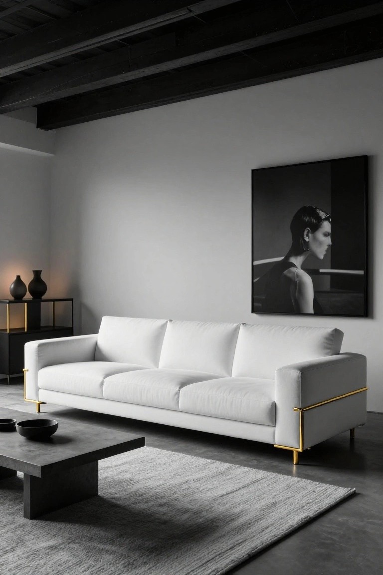 Modern living room with white three-seater sofa featuring thin gold metal frames on arms and legs, black rectangular coffee table on gray rug, black metal shelves holding dark vases, and large black-framed portrait of a woman on the wall.