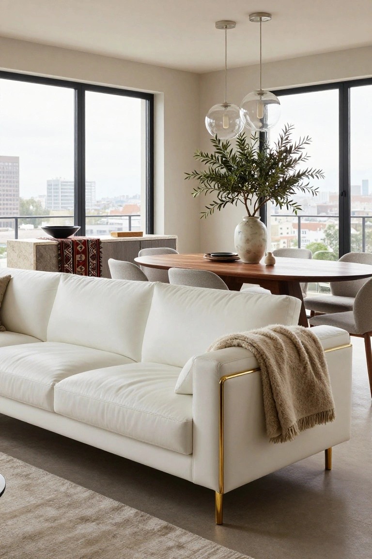 Modern living room interior with white sofa featuring gold metal frame and legs, oval wooden dining table with chairs, large potted olive plant, black metal pendant lights, and floor-to-ceiling windows showing city skyline.