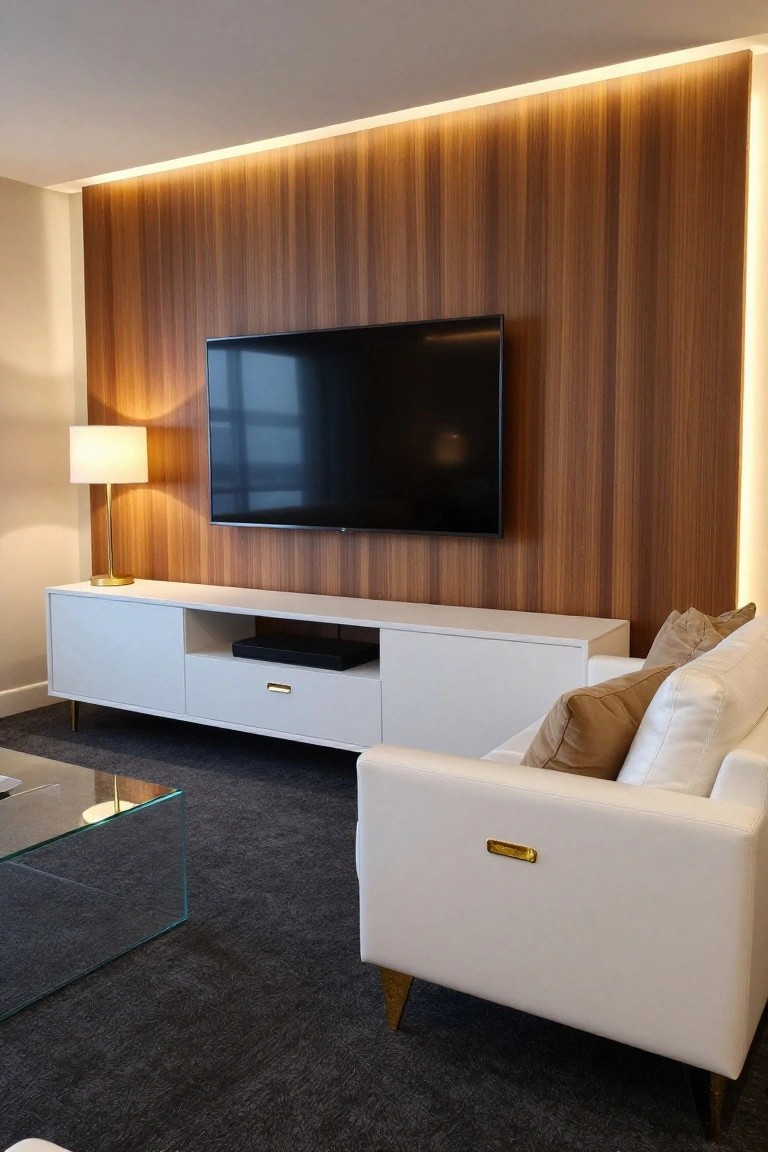 Modern living room with wooden slat accent wall and LED lighting behind a wall-mounted TV, white media console with gold drawer pull, white sofa with gold legs and back handle, beige pillows, glass coffee table, and brass lamp on dark carpet.