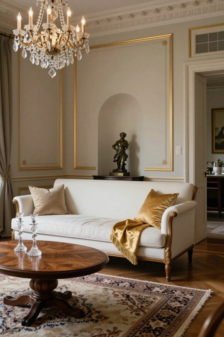 White upholstered sofa with gold-trimmed legs and gold velvet pillows plus throw draped over it, in a beige-walled room with gold moldings, crystal chandelier, wood coffee table holding candlesticks, bronze statue in wall niche, and patterned rug on parquet floor.