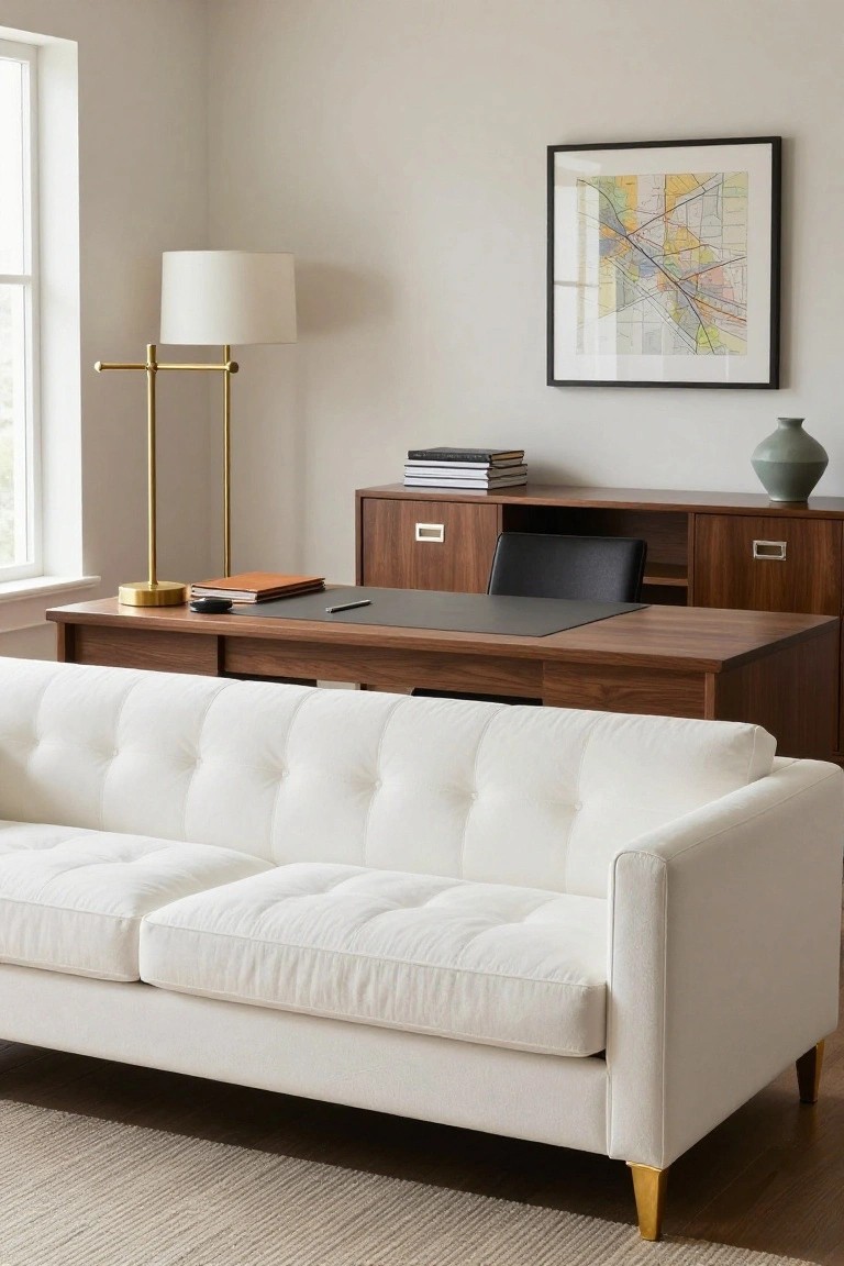 A modern home office with a white tufted sofa on gold legs, wooden desk and credenza, black leather office chair, brass floor lamp, and a framed colorful map on a light gray wall.