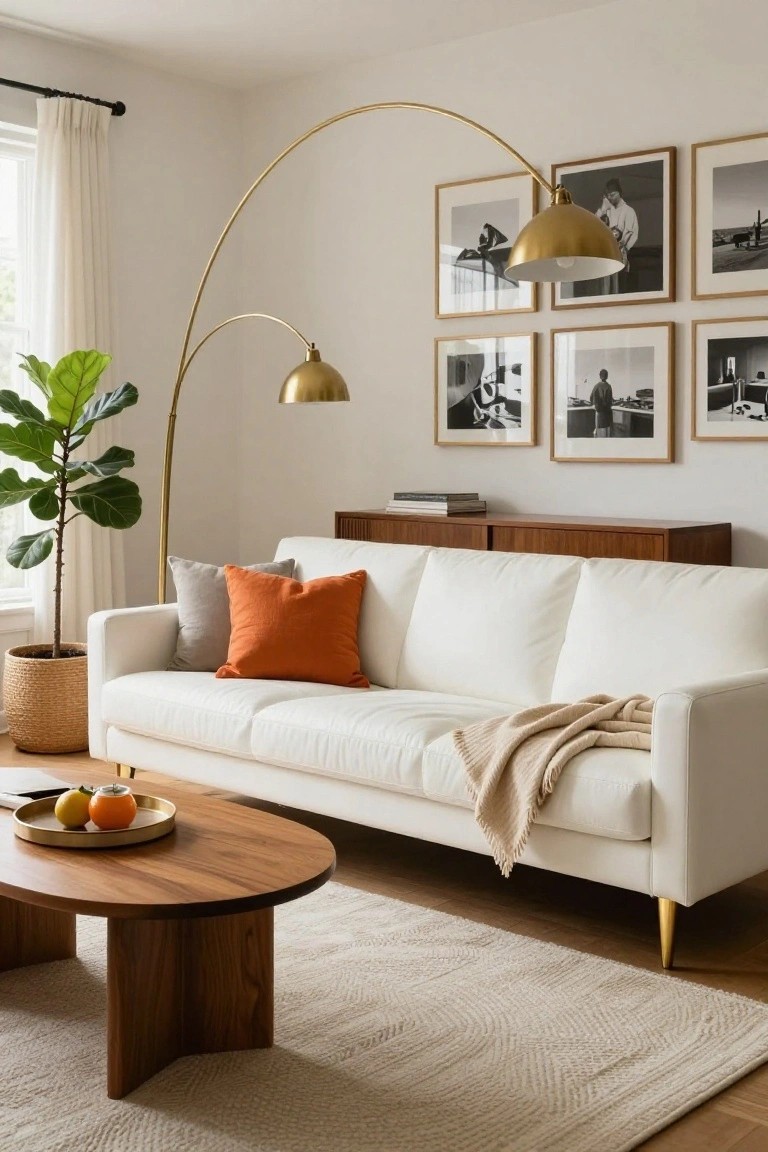 White leather three-seater sofa with gold legs, orange and gray pillows, and beige throw on a beige rug in a living room with gold arched floor lamp, fiddle leaf fig plant in basket, wood credenza with books, oval wood coffee table holding fruit tray, and black-and-white photos in wood frames on wall.