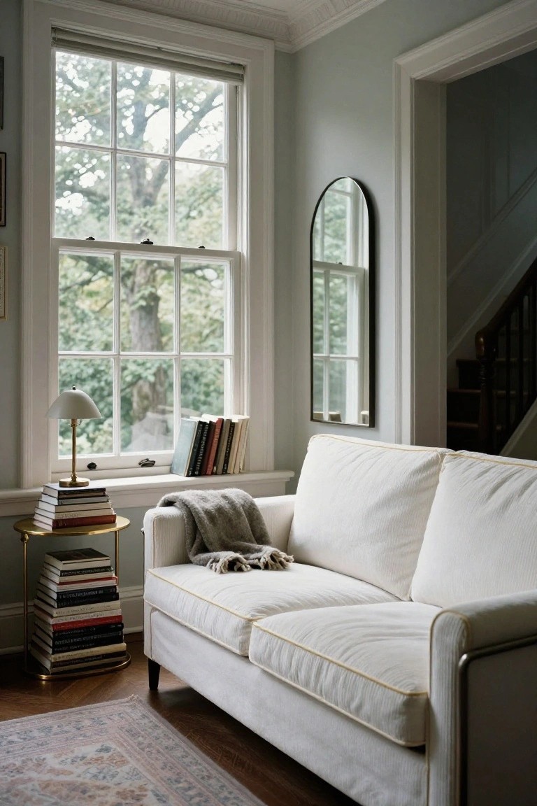 A white sofa with gold piping and a gray throw blanket in a pale green room with large windows overlooking trees, a gold side table stacked with books, and a black arched mirror.