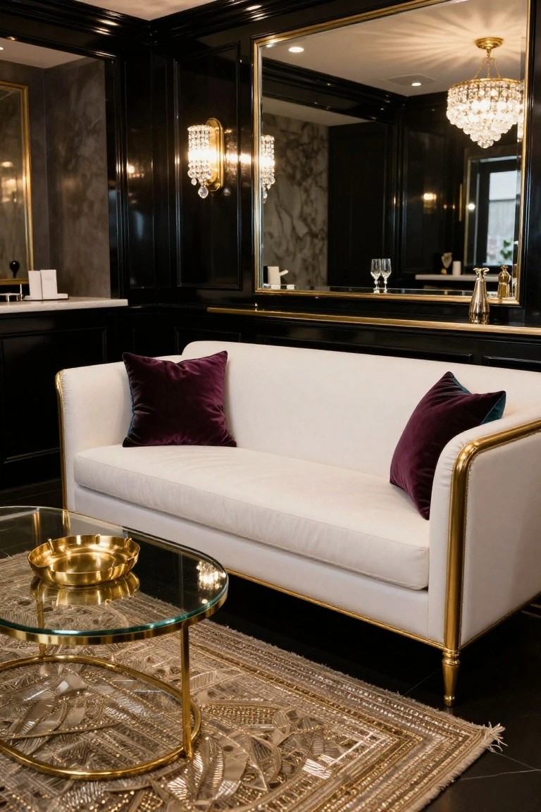 White sofa with gold trim and purple velvet pillows in a black-walled bathroom lounge area, featuring mirrors, a glass coffee table with gold bowl, gold sconces, and marble vanity.