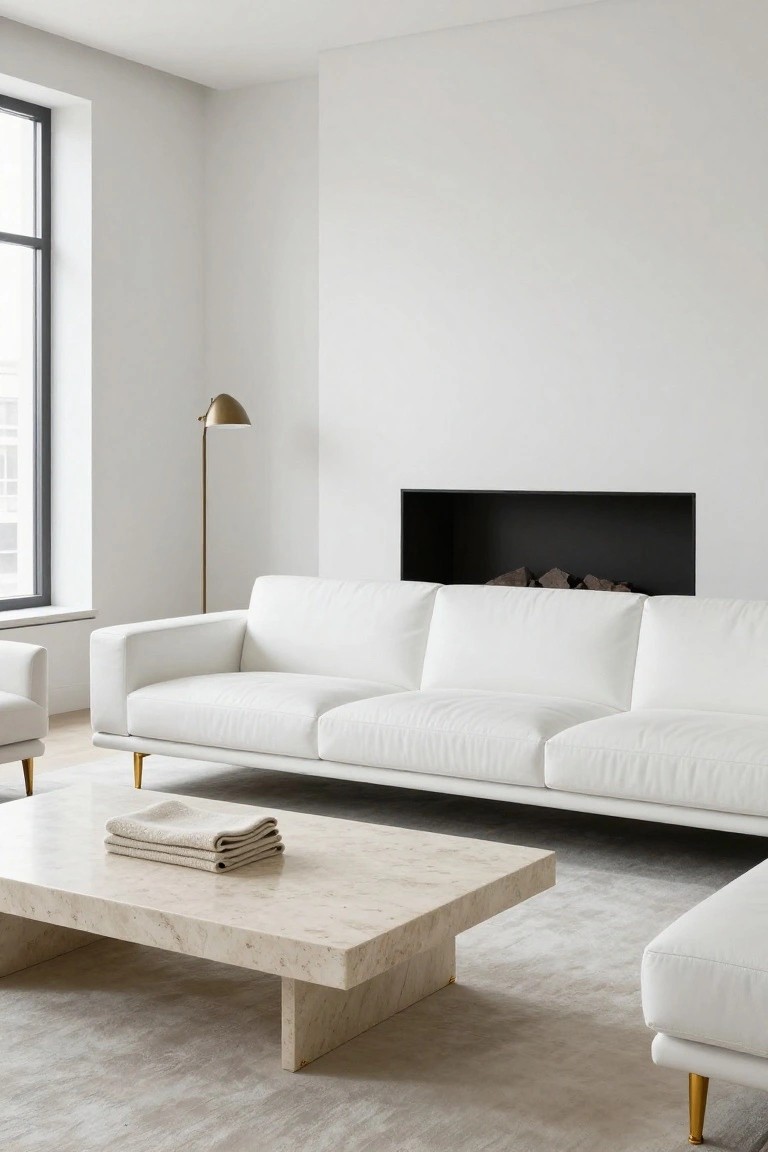 Modern living room with white L-shaped sofa on gold legs, travertine coffee table with folded towels, brass arc lamp, black-framed fireplace, and large window on white walls and gray rug.