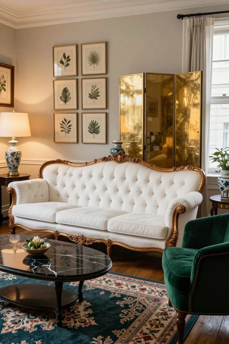Living room interior with white tufted sofa featuring ornate gold wood frame, green velvet armchair, black marble coffee table on Persian rug, blue and white porcelain vases, and gold-framed botanical prints on gray walls.