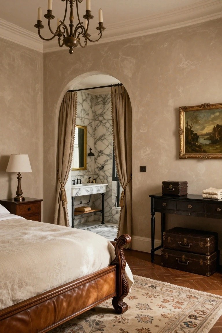 Bedroom with leather-upholstered bed, side tables, antique trunks, curtained arched doorway to marble ensuite bathroom, gilded painting on wall, chandelier overhead, neutral walls and parquet floor.