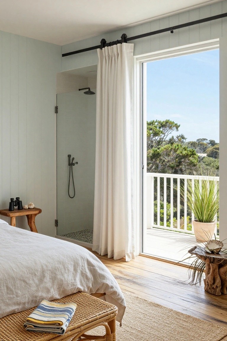Light blue shiplap walls in a bedroom with a white bed, open glass shower enclosure, wooden side tables, rattan bench, and sliding doors open to a balcony overlooking trees and hills.