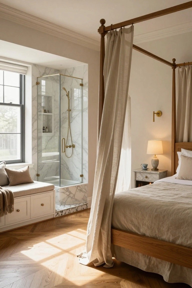 A bedroom with a wooden four-poster bed draped in beige linens and curtains next to a glass-enclosed white marble shower with gold fixtures, hardwood herringbone floors, and a built-in window bench seat.