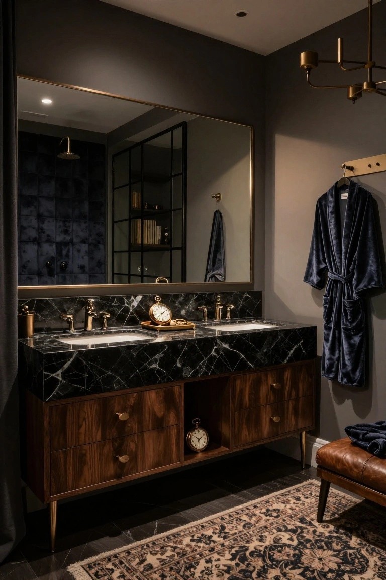 Luxury ensuite bathroom with double black marble vanity on wooden base with brass legs and faucets, gold-framed mirror above, navy velvet robe on wall hook, and glass shower enclosure behind metal frame.