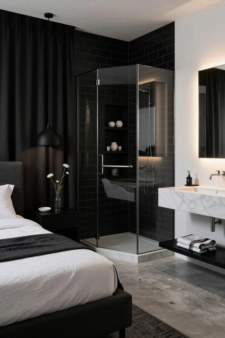 Bedroom with gray upholstered bed, black corner glass shower enclosure featuring black subway tile walls, white marble floating vanity, black shelves, and dark curtains.