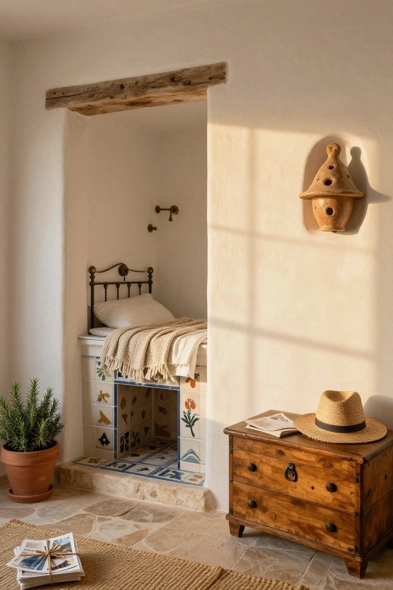 Small iron bed recessed into white wall niche with wooden beam lintel, blue-and-white tiled base, rosemary plant in terracotta pot, wooden chest of drawers holding straw hat and open magazine, stack of photos on seagrass rug on stone floor.